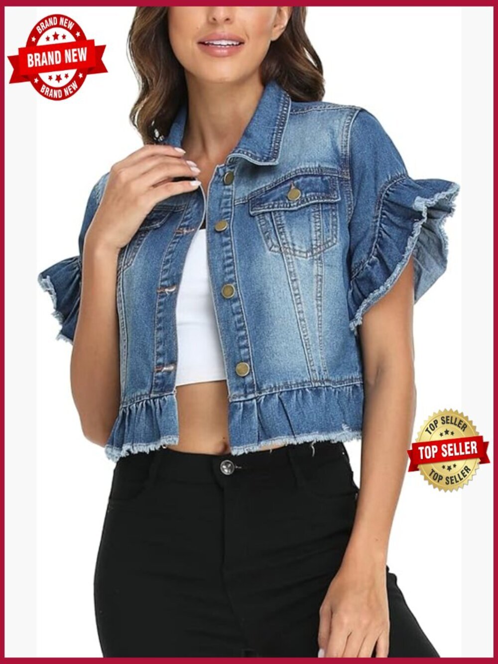 Distressed Cropped Denim Jacket Ruffle Sleeve Button Down Summer